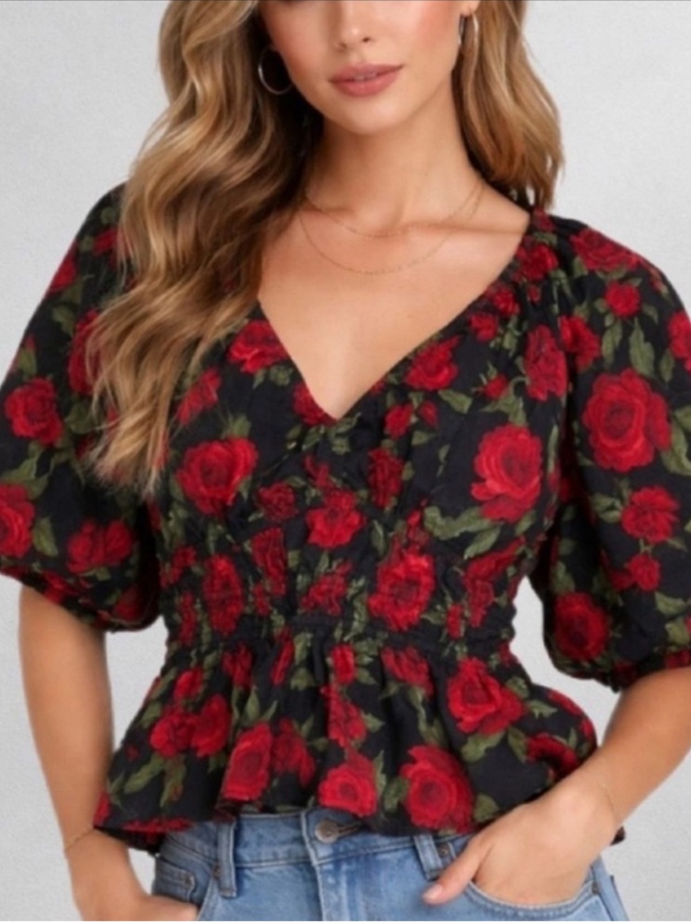 Smocked v-neck peplum cotton top